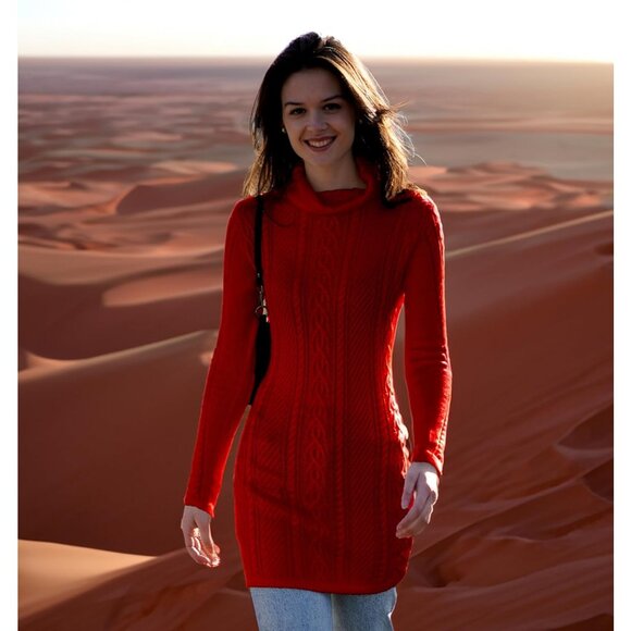 Women's Polo Neck Long Fitted Dress Bodycon Turtleneck Cable Knit Sweater Wine - Picture 6 of 6